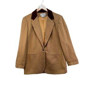 Vintage Parsons Place Wool Blazer Size 8 Tan & Brown Velvet Collar